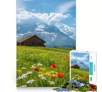 Alpine Meadow with Cabin And Mountains 1000 Piece Jigsaw Puzzles Memory Train Fun Smooth Burr Free Surface Entertaining Challenge for Spare Time (50x75cm)