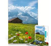 Alpine Meadow with Cabin And Mountains Jigsaws 1000 Pieces for Adults Memory Boost Game Professional Grade Cutting Heartwarming Gathering Activity (38x52cm)