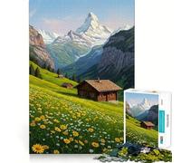 Alpine Meadow with Chalet And Mountains Jigsaw Puzzles for Teenagers 1000 Mental Fun Game Clean Seamless Connection Engaging Way to Pass Free Hours (50x75cm)