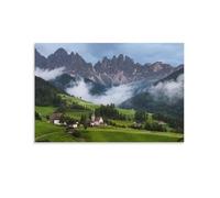 Alpine Mountain Landscape Poster, Green Valley with Church And Clouds, Nature Scenery Print for Living Room Bedroom Decoration, Home Wall Art Picture UnFrame-16x24inch(40x60cm)