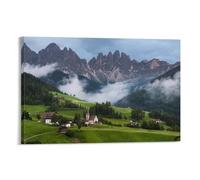 Alpine Mountain Landscape Poster, Green Valley with Church And Clouds, Nature Scenery Print for Living Room Bedroom Decoration, Home Wall Art Picture Frame-12x18inch(30x45cm)