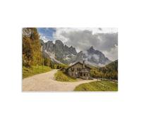 Alpine Mountain Landscape Poster, Stone House And Larch Trees in Autumn, Nature Scenery Wall Art for Living Room Bedroom Office Decoration UnFrame-16x24inch(40x60cm)