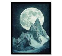 Alpine Mountain Range Peak Full Moon Fantasy Art Framed Art Print Artery8 Blue A4