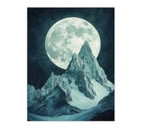 Alpine Mountain Range Peak Full Moon Fantasy Art Wall Art Print Artery8 Blue W24 inch x H32 inch