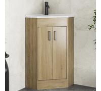 Alpine Oak Wood Corner Vanity Unit with Basin - 585mm - Double Doors