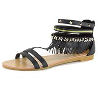 alpine swiss Womens Beaded & Studded Fringe Flat Gladiator Sandals Black 8 M US