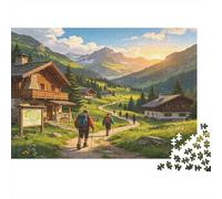 Alpine Village Hiking 1000 Piece Jigsaw Puzzle Paper for Adults Sunset Mountain Valley Scenery Puzzle Game for Family Focus Home Decor Gift 38x26cm/1000pcs