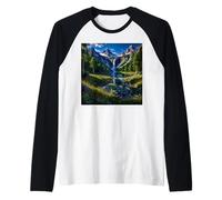 Alpine Waterfall Paradise with Mountain Lake & Wildflowers Raglan Baseball Tee