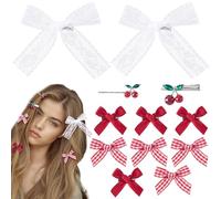 Alpinleux 12 Pcs Y2K Red Cherry Bow Hair Clips, Mini Lace Hair Bows, Coquette Plaid Hair Pins, Cute Hair Barrettes Hair Accessories for Women