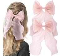 Alpinleux 2 Pcs French Pink Bows for Hair, Silk Yarn Ribbon Elegant Pink Hair Bow, Big Hair Bows, Hair Ribbons for Women, Festival, Wedding, Party