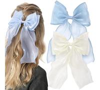 Alpinleux 2 Pcs French White Bows for Hair, Silk Yarn Ribbon Elegant Hair Bow, Big Hair Bows, Hair Ribbons for Women, Festival, Wedding, Party (White, Blue)