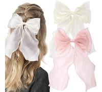 Alpinleux 2 Pcs French White Bows for Hair, Silk Yarn Ribbon Elegant Hair Bow, Big Hair Bows, Hair Ribbons for Women, Festival, Wedding, Party (White, Pink)