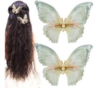 Alpinleux 2 Pcs Green Butterfly Clips, 3D Moving Wings Butterfly Hair Clips, Pearl Strong Hold Butterflies Hair Accessories, Fairy Hair Accessories for Women (Green)