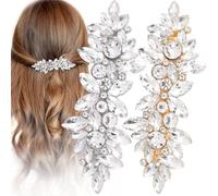 Alpinleux 2 Pcs Rhinestone Hair Clips, Fancy Flower Hair Barrettes, Bridal Hair Accessories, Sparkly Crystal Hair Pins for Wedding, Party, Daily Use, Bride (Gold, Silver)