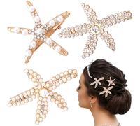 Alpinleux 3 Pcs Starfish Hair Clip, Rhinestone Pearls Shell Hair Clips, Crystal Wedding Headpiece Hair Accessories For Women, Bride (3 Sizes)