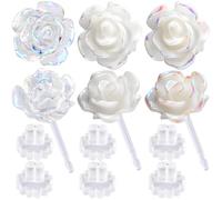 Alpinleux 3D Rose Colorful White Plastic Post Earrings for Women, Elegant Plastic Earrings for Sensitive Ears, Clear Earring for Sports, Work (3 Pairs)