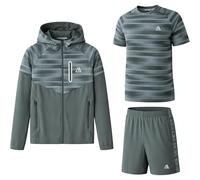 ALPS ATG Mens 3Pcs Sports T-Shirt, Shorts & Hooded Jacket Set - Lightweight, Super Stretch, Quick Dry, Breathable Activewear for Running, Gym, Training, 9318 - Khaki, M