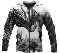 ALPTEC Viking Wolf Dragon Hoodies Sweatshirt Norse Myth Celtic Dragon Tattoos Zip Hoodie Pullover Novelty Athletic Hoodies (Color : Zipper Hoodie, Size : XL)