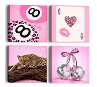 Alptiny Canvas Wall Art Set Of 4, Framed Pink Fashion Wall Art Prints, Lucky 8 Ball Playing Card Leopard Disco Cherry Picture Canvas Artwork For Girly Bedroom Living Room Decor 30x30cm