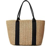 ALQPPM Straw Bag Straw Women Tote Bag Rattan Woven Handbags Handmade Travel Shopper Shoulder Bag Casual Beach Bag-Brown