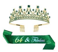ALRBE TIN 64th Birthday Sash and Tiara Kit 64 Fabulous Birthday Sash and Tiara Green Sash and Green Tiara for Happy 64th Birthday Party Supplies and Decorations Birthday Gifts