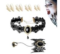 Alrens 8 Piece Vampire Accessories,1 Gothic Jewellery and Gothic Ring，4 Sets of Vampire Teeth with 2 Tube Teeth Pellets Adhesive vampire Kit for Cosplay Party Props Halloween Horror Party