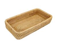 Alriedy 1 PCS Rattan Tray Small Woven Wicker Basket, Narrow Shallow Storage Basket Organizer for Bathroom Vanity Desk Toilet Tank, Rectangular Wicker Key Tray for Makeup Jewelry Office Home Decor