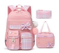 Alrisg Girls School Backpack Preppy Plaid Bookbag Lightweight Backpack for Girls Elementary Middle School Bow, Pink, 17in, Daypack Backpacks