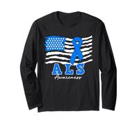 ALS Awareness Blue Ribbon American Flag ALS Warrior Fighter Long Sleeve T-Shirt