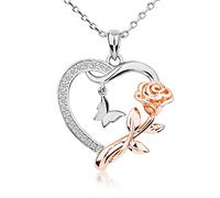 Alsanix Heart Necklace for Women Sterling Silver/14k Gold Plated/Rose Gold CZ Romantic Rose and Butterfly Jewelry for women Birthday Valentine's Day Gift for Girls, Gold Plated, Rhinestone