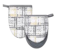 Alselo Mini Silicone Oven Mitts, Heat and Slip Resistant Kitchen Gloves 2-Pack Set, Vintage Plaid Soft Oven Mittens, Flexible Pot Holders for Cooking Baking and Grilling (Vintage Grey)