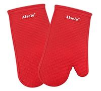 Alselo Oven Mitts Heat Resistant Silicone Kitchen Gloves for 500 Degrees with Waterproof and Non-Silp, Set of 2 Oven Gloves for Backing Cooking Barbecue Microwave Machine Washable (Red, 2)