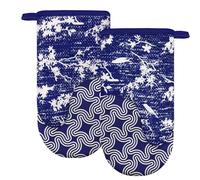 Alselo Thumb Oven Mitts, Heat and Slip Resistant Silicone Kitchen Mittens 2-Pack Set, Birds Flower Soft Long Oven Gloves, Flexible Thick Potholders for Safe Baking Cooking and Grilling (Navy)