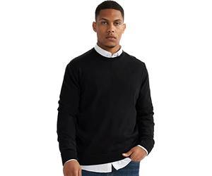 alsestudio Men`s Crewneck Jumper 100% Cotton Premium Quality Soft Touch Long Sleeve Pullover Essential Style Knitted Sweaters for Men Black-Medium