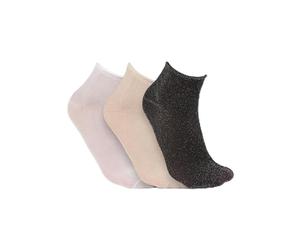 alsestudio Womens Non-Elastic Ankle High Sparkle Sheer Pop Glitter Soft 3 Pairs Socks Silky Seamless Semi-Transparent Shiny Metallic Look Thin Socks (Silver-Ecru-White)