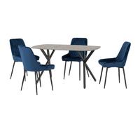 alsip concrete effect dining table with 4 blue velvet chairs