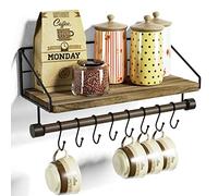 Alsonerbay Floating Shelves Wall Mounted Solid Wood Wall Shelf Decorative Storage Shelf with 8 Removable Hooks, Towel Bar and Foldable Metal Grid Bracket for Bathroom, Kitchen Carbonized Black