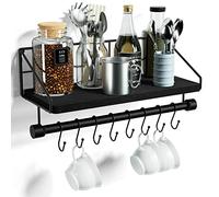 Alsonerbay Kitchen Shelf Wall Mounted Wood Floating Wall Shelves with Hooks Rustic Shelf with Towel Bar for Bathroom, Bedroom, Living Room Black