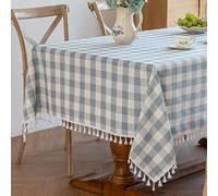 Alsoo Blue Gingham Tablecloth Summer 55 x 75 Inch, Washable Cotton Linen Blend, Wrinkle Resistant Checkered Plaid Table Cloth for Farmhouse Coastal Dining, Outdoor Picnic Father's Day