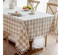 Alsoo Checkered Tablecloth Rectangle Cotton Linen Fabric Gingham Table Cloth Buffalo Plaid Table Cover with Tassel Wrinkle Free Washable for Kitchen Dining Picnic, Beige and Cream, 55X90''
