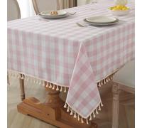 Alsoo Pink Checkered Tablecloth Rectangle Cotton Linen Fabric, Easter Gingham Table Cloth Buffalo Plaid Table Cover with Tassel Wrinkle Free Washable for Kitchen Dining Picnic, Pink and White, 55X90''