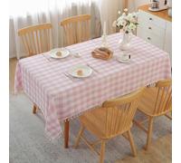Alsoo Valentines Checkered Tablecloth Rectangle Cotton Linen Fabric Gingham Table Cloth Buffalo Plaid Table Cover with Tassel Wrinkle Free Washable for Kitchen Dining Picnic, Pink and White, 55X90''