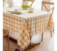 Alsoo Yellow Gingham Tablecloth Rectangle, Picnic Cotton Linen Fabric Checkered Table Cloth Buffalo Plaid Table Cover with Tassel Wrinkle Free Washable for Kitchen Dining Summer, 55X75''