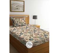 ALSTONIA 220 TC Microfiber Soft Cotton Feel All Around Elastic Fitted Single Bedsheet,Elastic Fitted Bed Sheet for Single Bed with 1 Pillow Cover, Size- 42" x 75” (Beige Peacock)