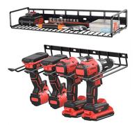 Alsurea 2-Tier Power Tool Organizer, Wall Mount Drill Holder for 4 Power Drill Tools, Rust Resistant Metal, Cordless Battery Tool Shelving for Garage, Workshop