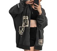 Alt Emo Clothes Women Oversized Zip Up Hoodies Rhinestone Y2k Aesthetic Skeleton Sweatshirts Grunge Gothic Jacket Streetwear, B, XL