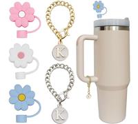 Altally 3PCS Straw Cover for Stanley Cup 30&40 Oz 10mm Flower Silicone Straw Topper Protector Lid with 2PCS Initial Personalized Letter Charm Stanley Tumblers Accessories (3pcs flowers+2pcs letter K)