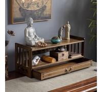 Altar Table for Spiritual Puja with Drawer - 3-Tier Meditation Table for Living Room, Oriental Style Coffee Cabinet, Natural Bamboo