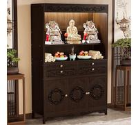 Altar Table, Solid Bamboo Buddha Altar Cabinet with Storage & Pull-Out Worship Table, Chinese Style Floor Shrine Stand with Carved Design, for Storage Altar Cabinet for Worship & Prayer,68.5" Tall