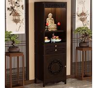Altar Table, Solid Bamboo Buddha Altar Cabinet with Storage & Pull-Out Worship Table, Chinese Style Floor Shrine Stand with Carved Design, for Storage Altar Cabinet for Worship & Prayer,68.5" Tall
